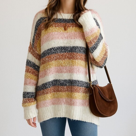 Womens XL Striped Knit Sweater Multicolor Pullover Long Sleeve Oversized Cozy - Picture 1 of 16